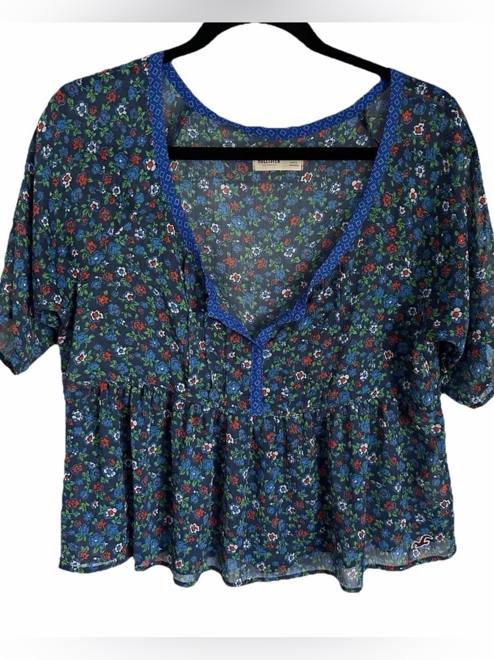 Hollister Womens S Blue Ditsy Floral Pleated Sheer Chiffon Top Boho Cottage - Picture 1 of 16